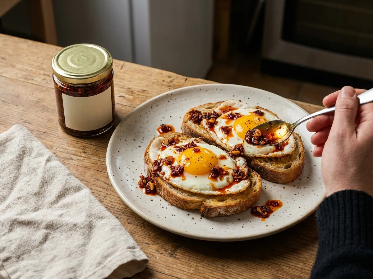Fried eggs on toast with chilli oil spooned over