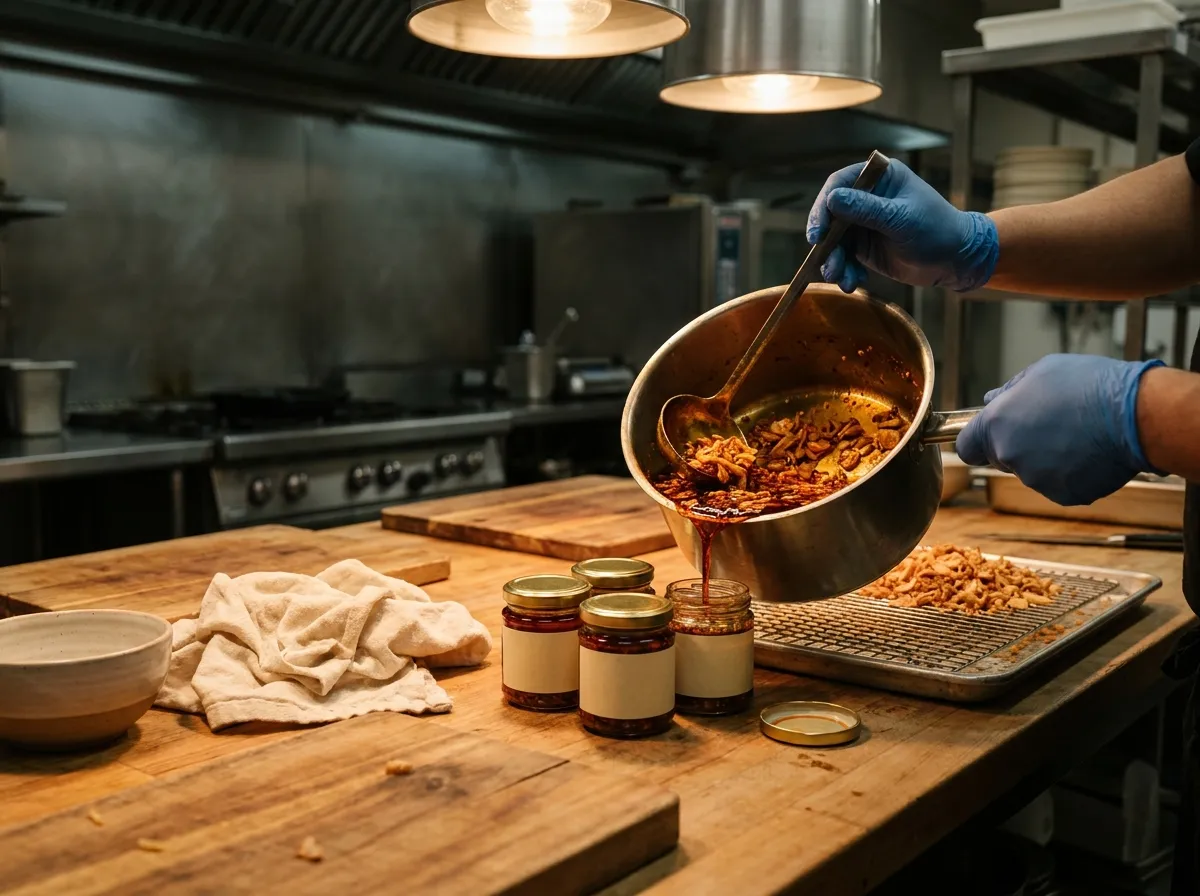Filling jars in a hired commercial kitchen at night