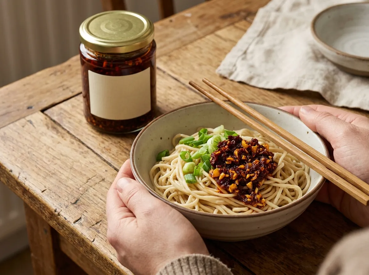 A bowl of noodles with a spoonful of chilli oil